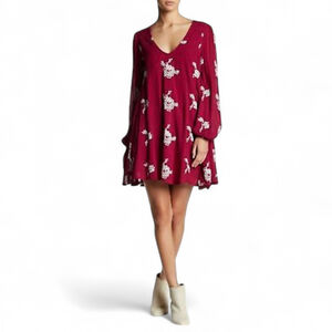 Free People Berry Emma Embroidered Swing Long Sleeve Boho Dress Women's sz S